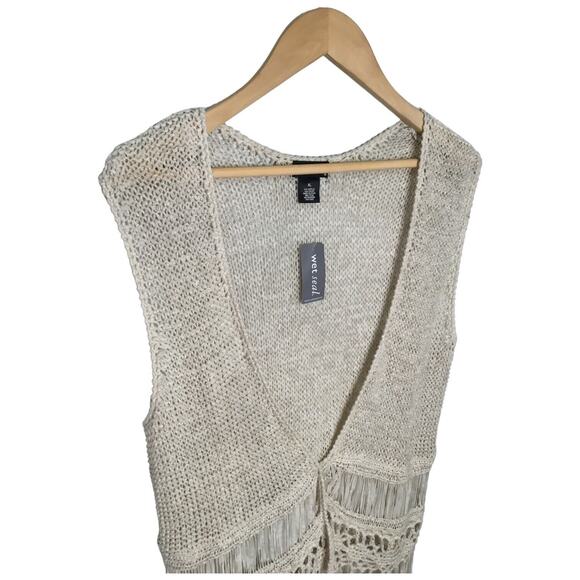New Wet Seal Sweater Vest Womens XL Fringe Crochet Boho Festival Hippie Oatmeal - Picture 5 of 10